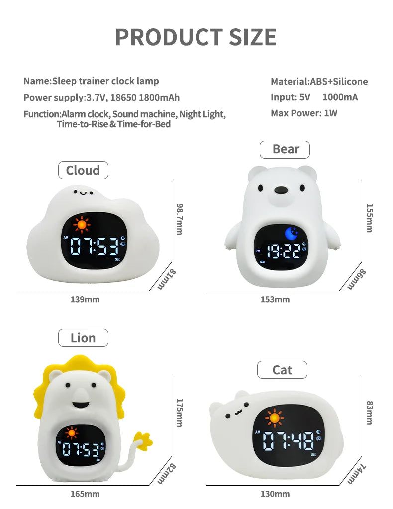 LED Night Light Alarm Clock for Kids | Musical Cat Design
