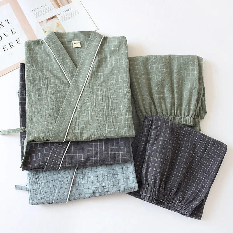 Spring Summer Japanese Pajama Sets Male 100% Cotton Spa Robe Sets Boxer High Quality Kimono Robes Men Plaid Home Hombre