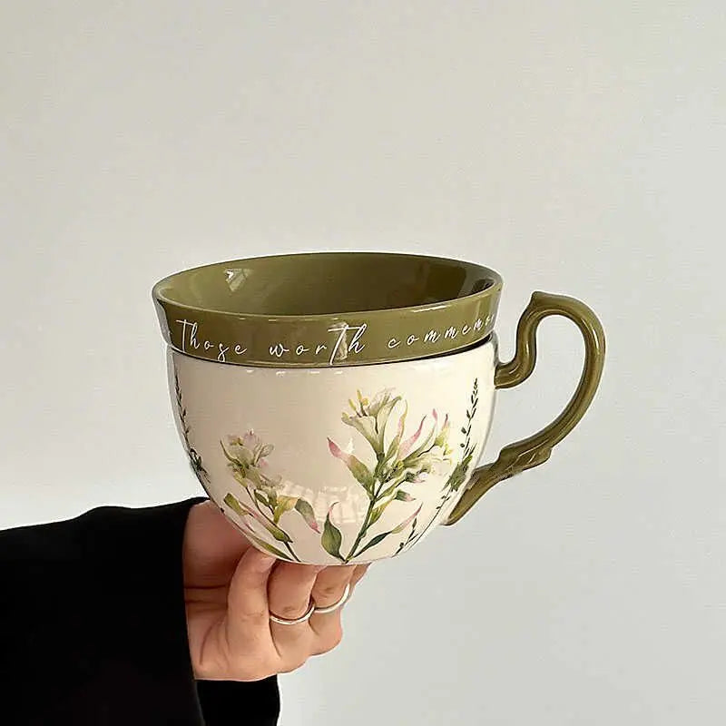 Large Capacity Ceramic Breakfast Cup with Lid | Rustic Coffee Mug Set