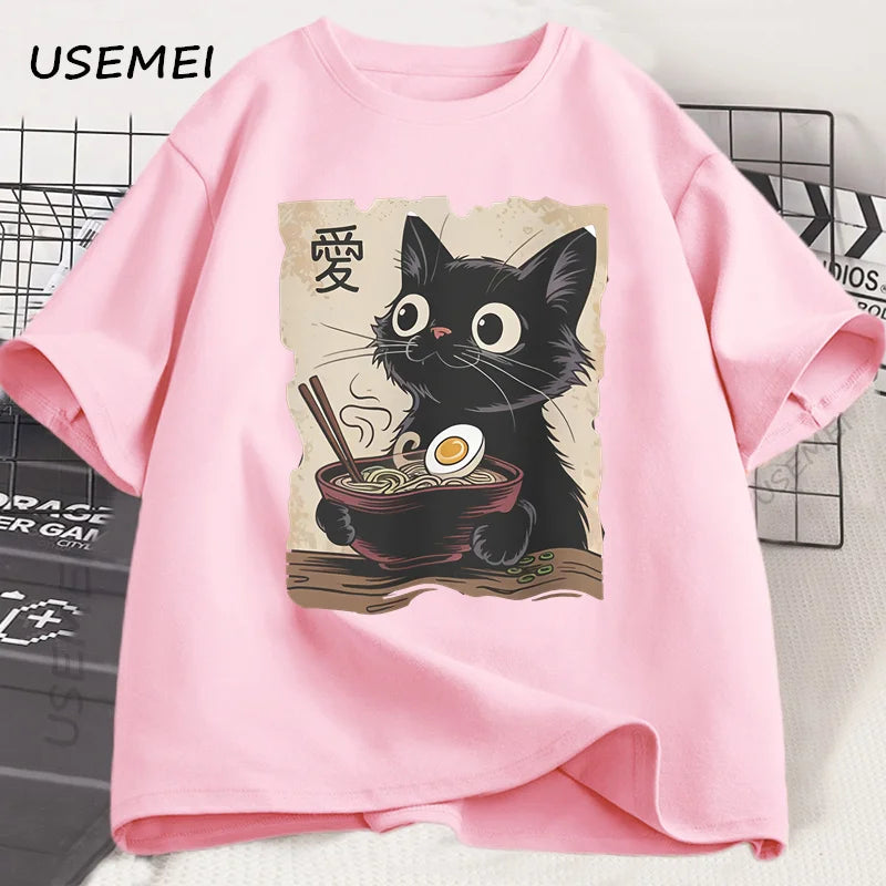 Funny Cat Ramen Graphic Tee | Kawaii Anime Cat T-Shirt