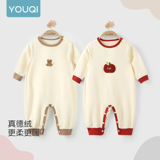 【Youqi】Chinese 0-2 Year Old Baby Clothes, One-Piece Jumpsuit, Autumn and Winter Baby Thermal Velvet Warm Home Clothes, Children's Inner Wear Romper