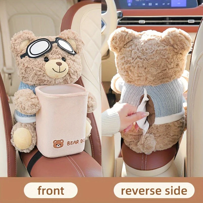 Adorable Teddy Bear Car Tissue Holder & Trash Can Organizer