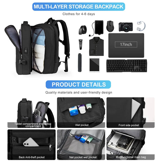 Mochila de viaje de negocios impermeable expandible | Gran capacidad
