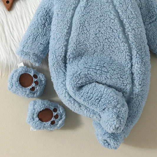 Cozy Baby Lamb Wool Jumpsuit | Adorable Bear-Hooded Romper