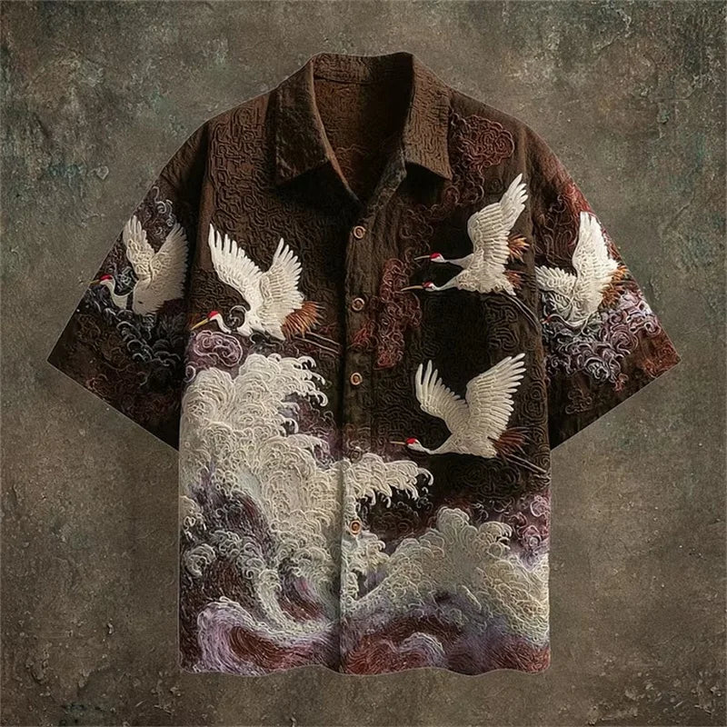Men's Casual Short Sleeve Shirt | Dark Green Crane Pattern Fabric