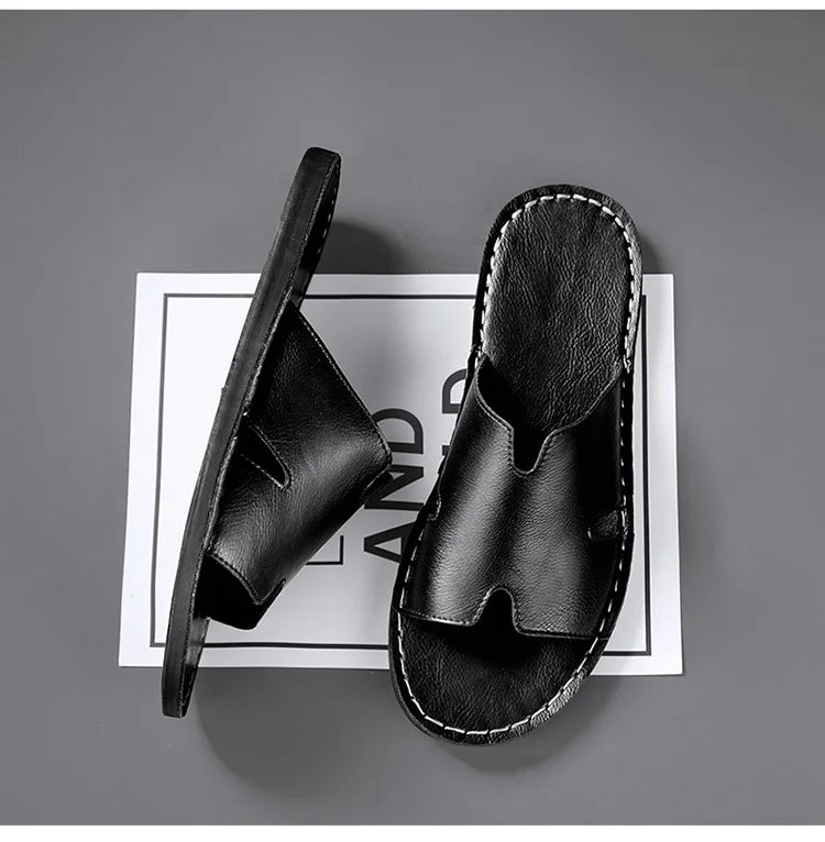 Men's Luxury Leather Slippers | Non-Slip Casual Wear for Summer