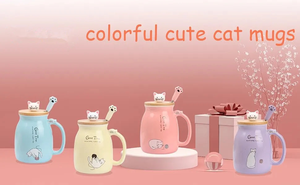 Cute Cat Ceramic Mug with Kitty Lid & Spoon | Perfect Gift for Cat Lovers