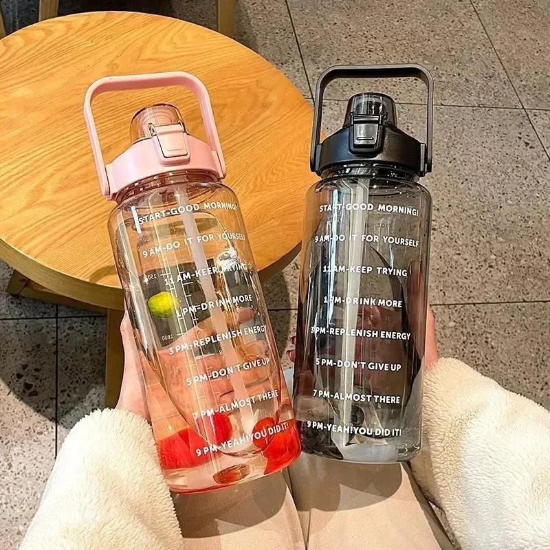 2L Large Capacity Sports Water Bottle with Straw & Time Marker