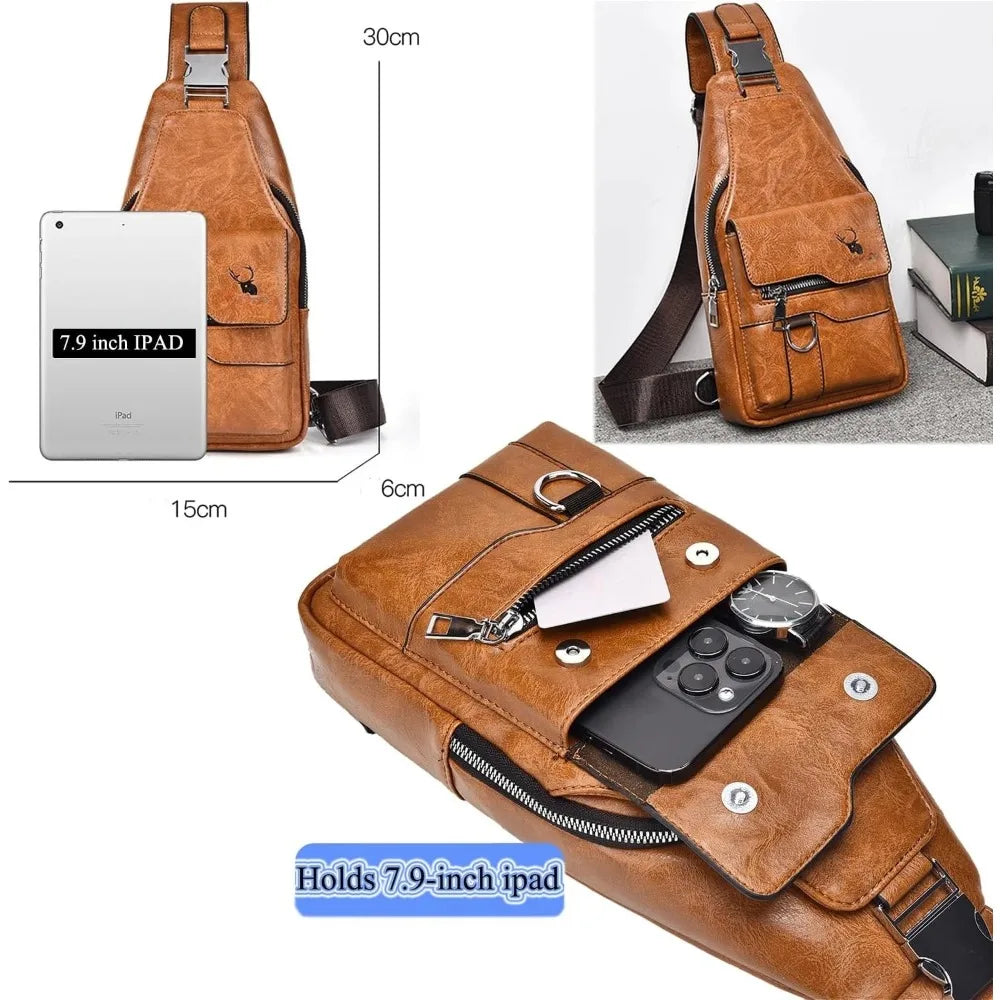 Men's PU Leather Sling Bag - Stylish Crossbody Chest Backpack
