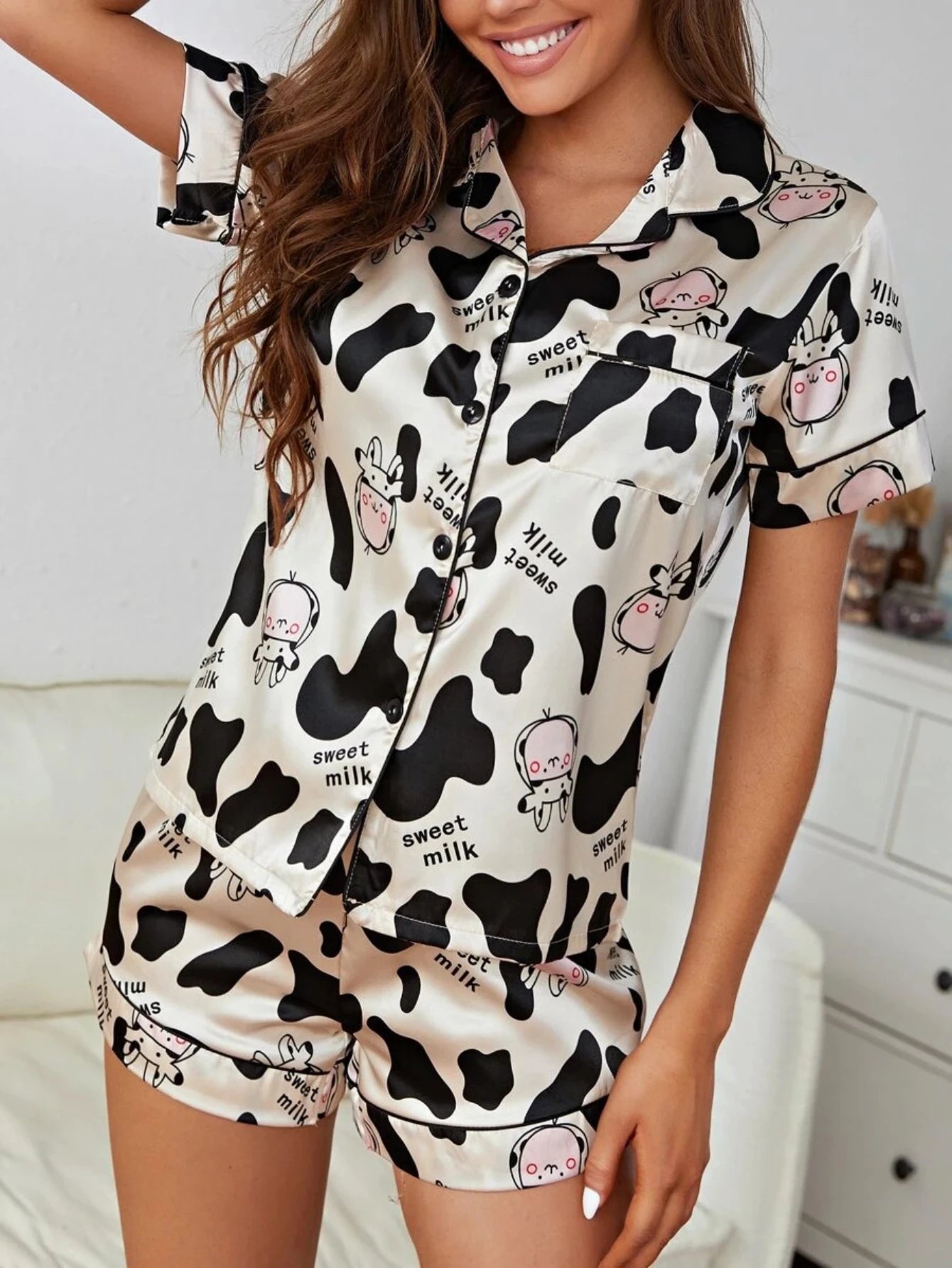 Cute Cow Print Satin Pajama Set | Relax in Style