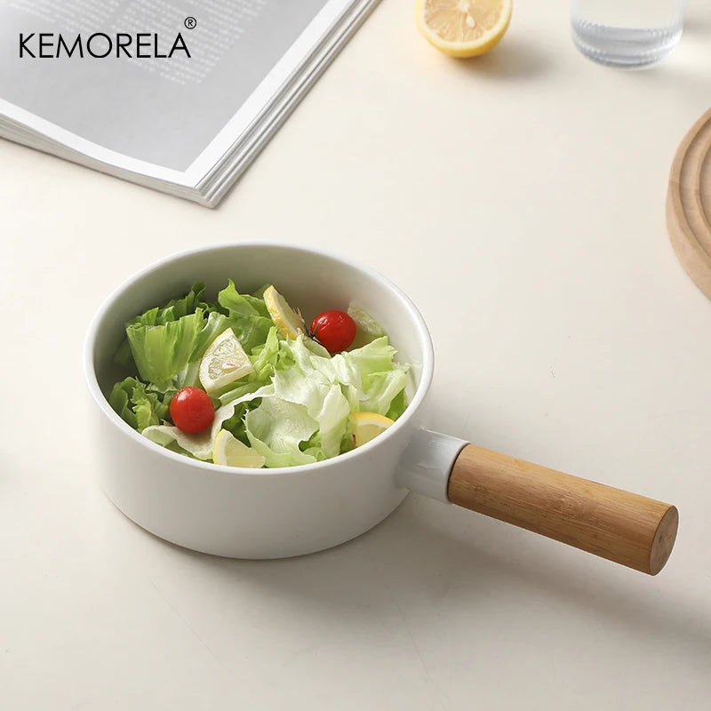 Ceramic Salad Bowl with Wooden Handle | Versatile Tableware