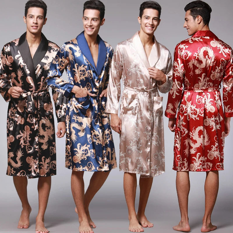 Traditional Japanese KIMONO Fashion YUKATA Oriental Gold Dragons Pattern Bathrobe Summer Men Ice Silk Robes Pajamas  Sleepwear
