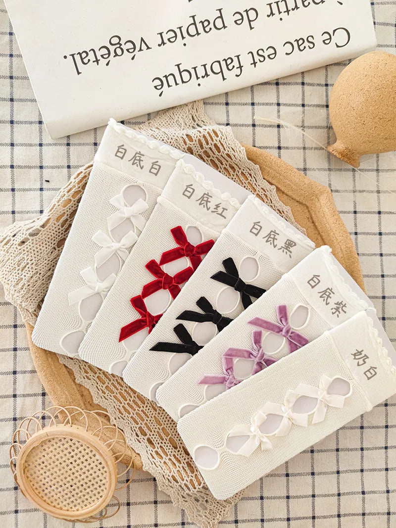 Kawaii Hollow Out Mesh Fishnet Socks | Cute Bow Long Stockings