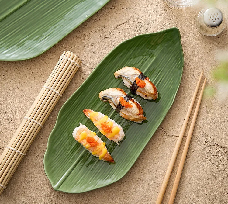 Elegant Green Bamboo Leaves Ceramic Sushi Plate for Desserts