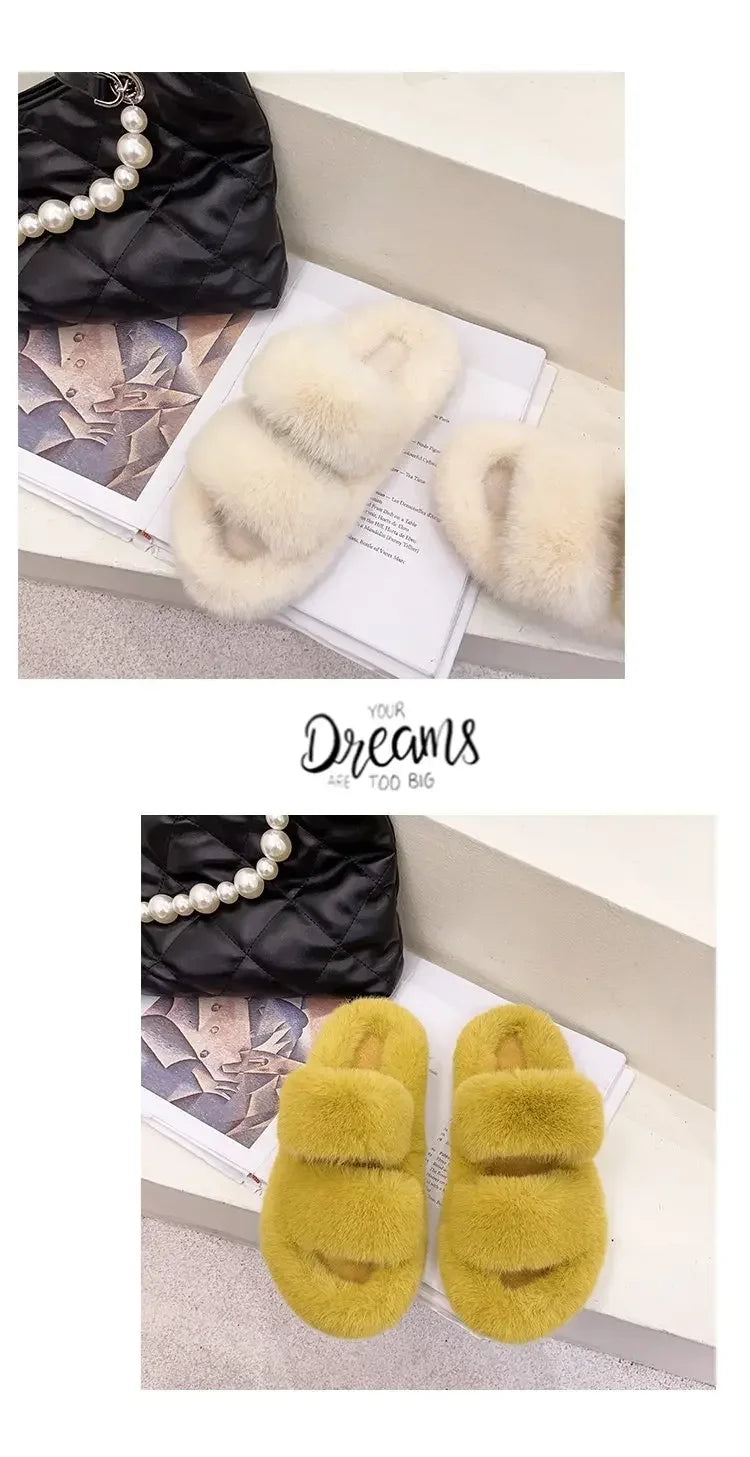 Cozy Double Fur Cross-Strap Plush Slippers | Warm Indoor Footwear