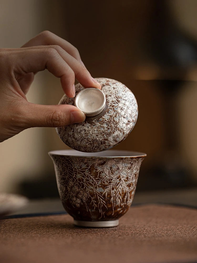 Juego de té Gaiwan de plata dorada elegante | Exquisita vajilla de cerámica