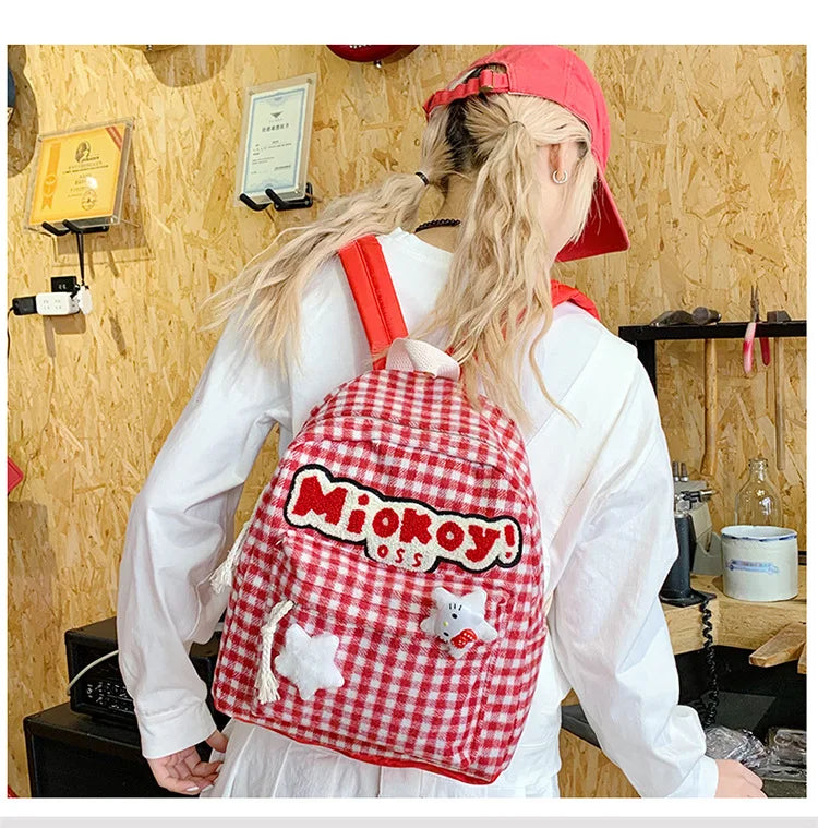 Stylish Girls Red Plaid Backpack | Large Capacity School Bag