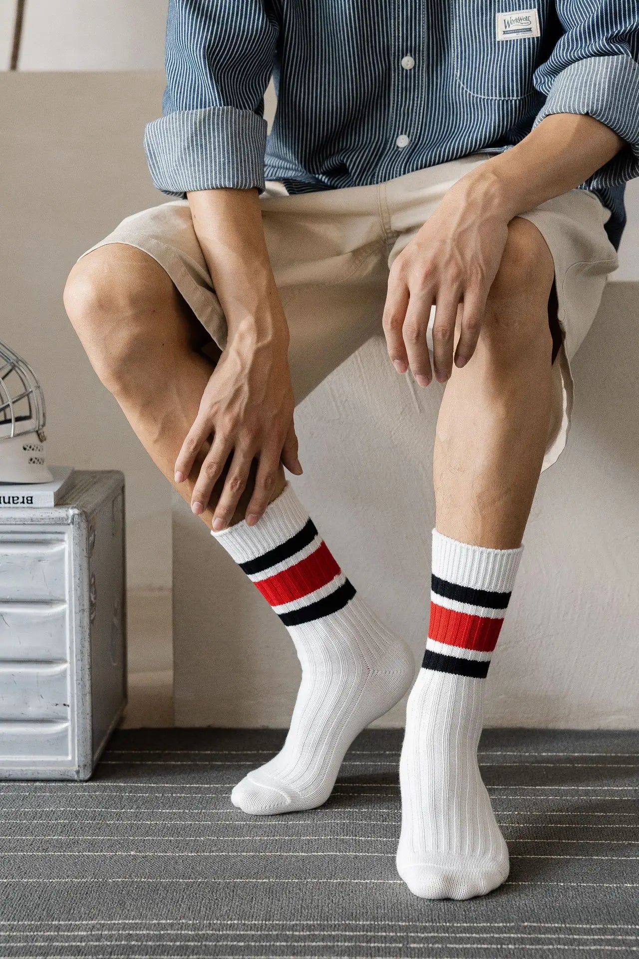 Men's Japanese Style Striped Crew Socks | Cozy Cotton Comfort