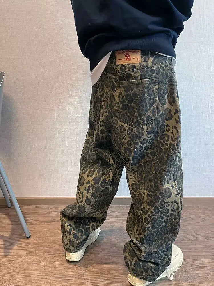 Men's Oversized Leopard Print Denim Jeans | Trendy Streetwear Style