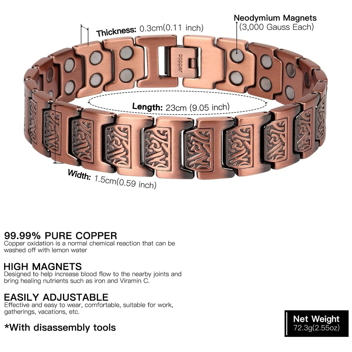 Magnetic Copper Bracelet for Men | Adjustable Link Jewelry Gift