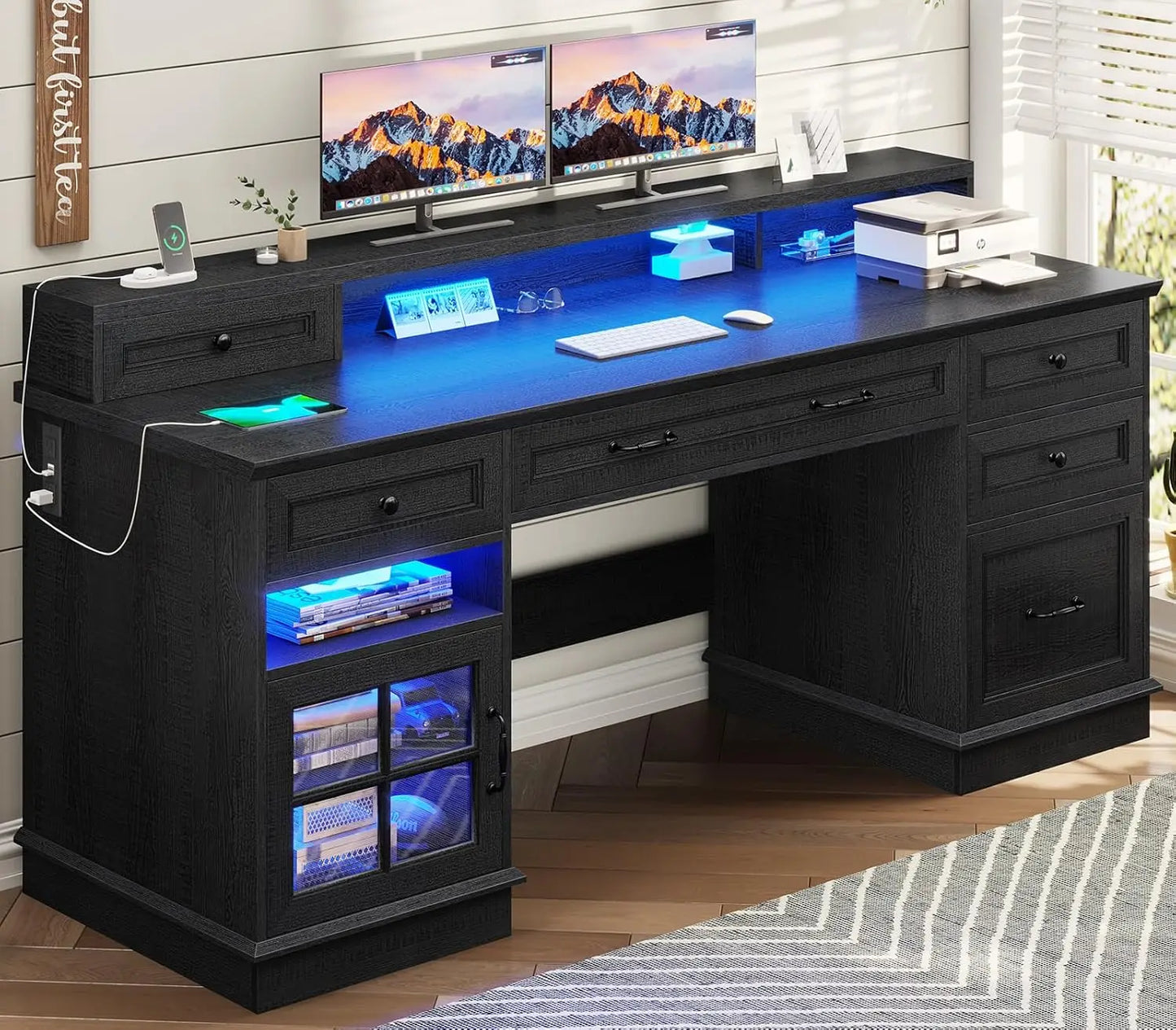Modern Executive Desk with File Drawer & Monitor Stand | Home Office Furniture