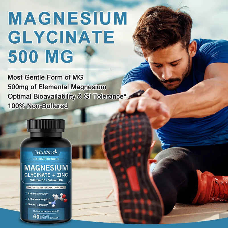 Multivitamins bottle with a person stretching outdoors, promoting magnesium glycinate supplement.