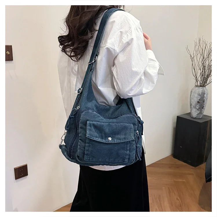 Trendy Solid Color Denim Shoulder Bag | Versatile Women's Crossbody