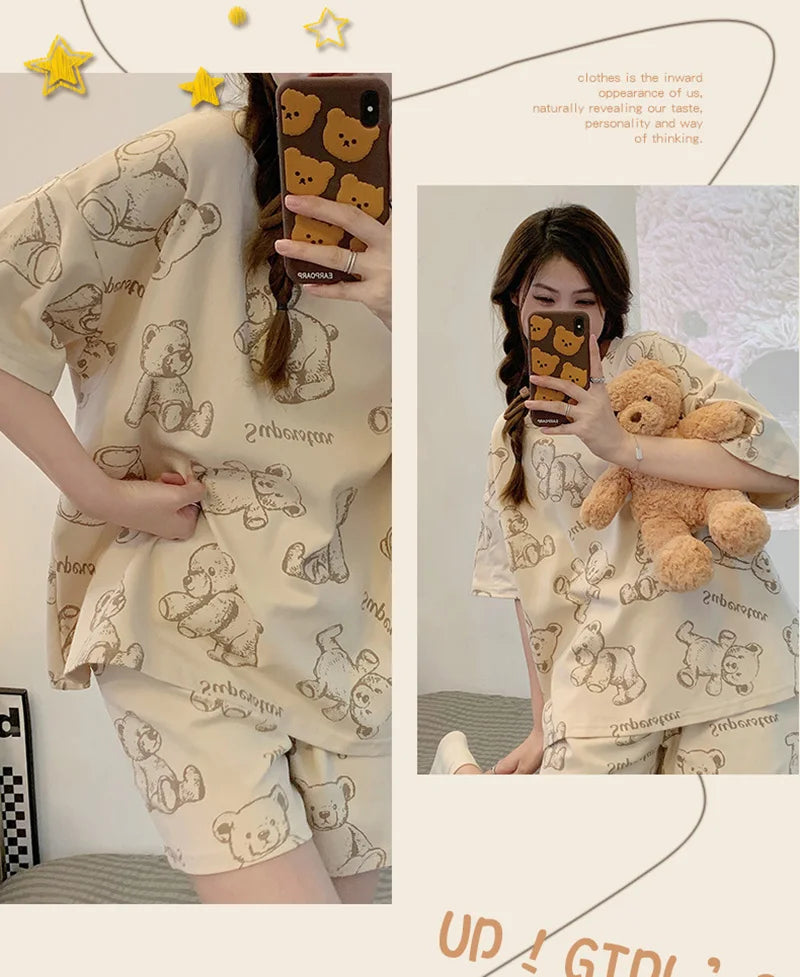 Plus Size Short Sleeve Pajamas for Women | Cute Cartoon Bear Design