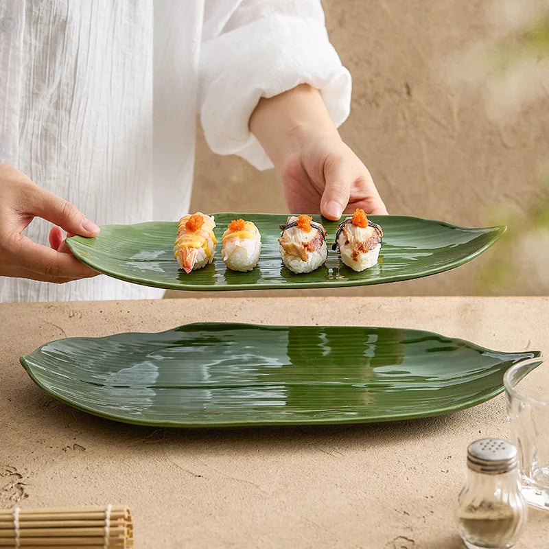 Elegant Green Bamboo Leaves Ceramic Sushi Plate for Desserts