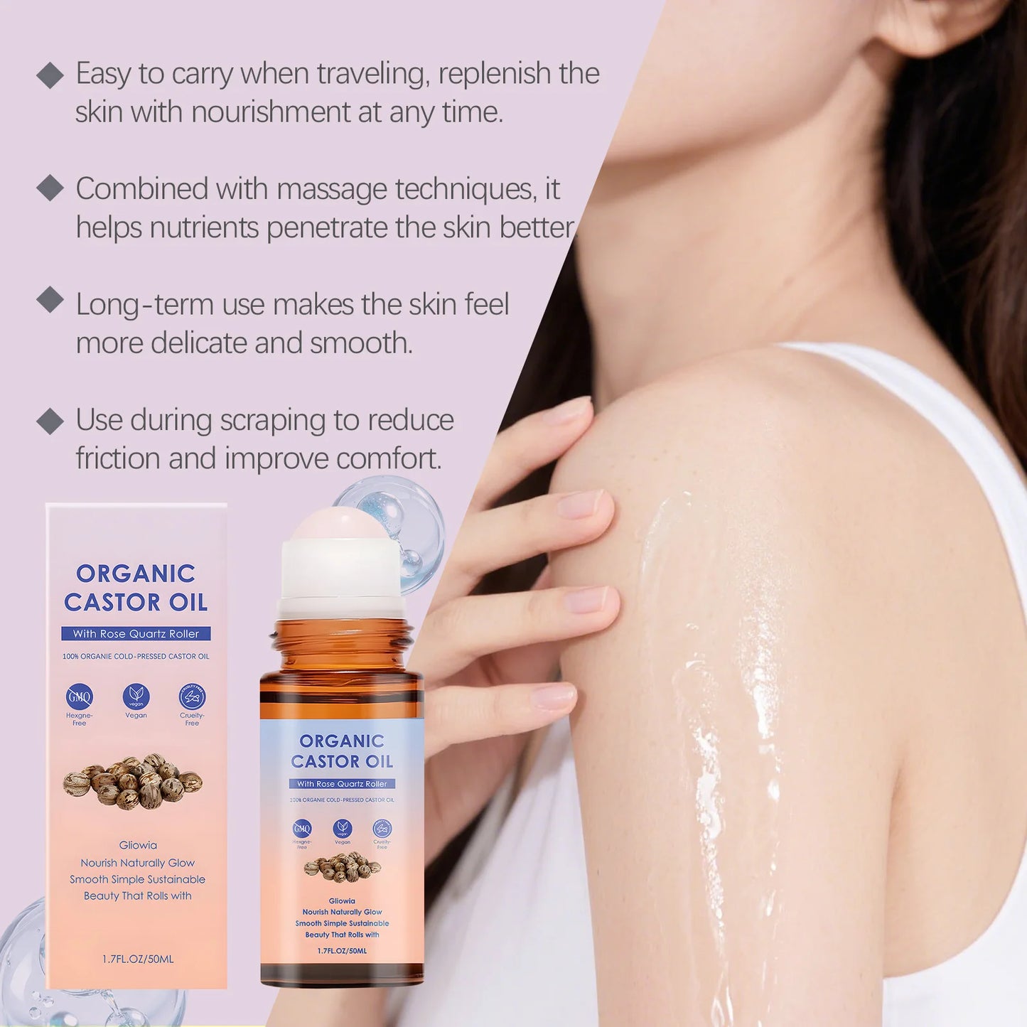 Natural Organic Castor Oil with Rose Quartz | Moisturizing Roll-On
