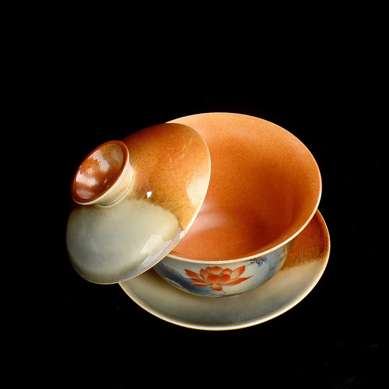 Hand Painted Lotus Gaiwan Tea Tureen | Vintage Ceramic Teacups