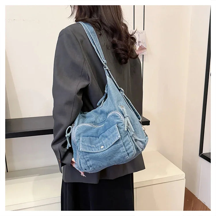 Trendy Solid Color Denim Shoulder Bag | Versatile Women's Crossbody