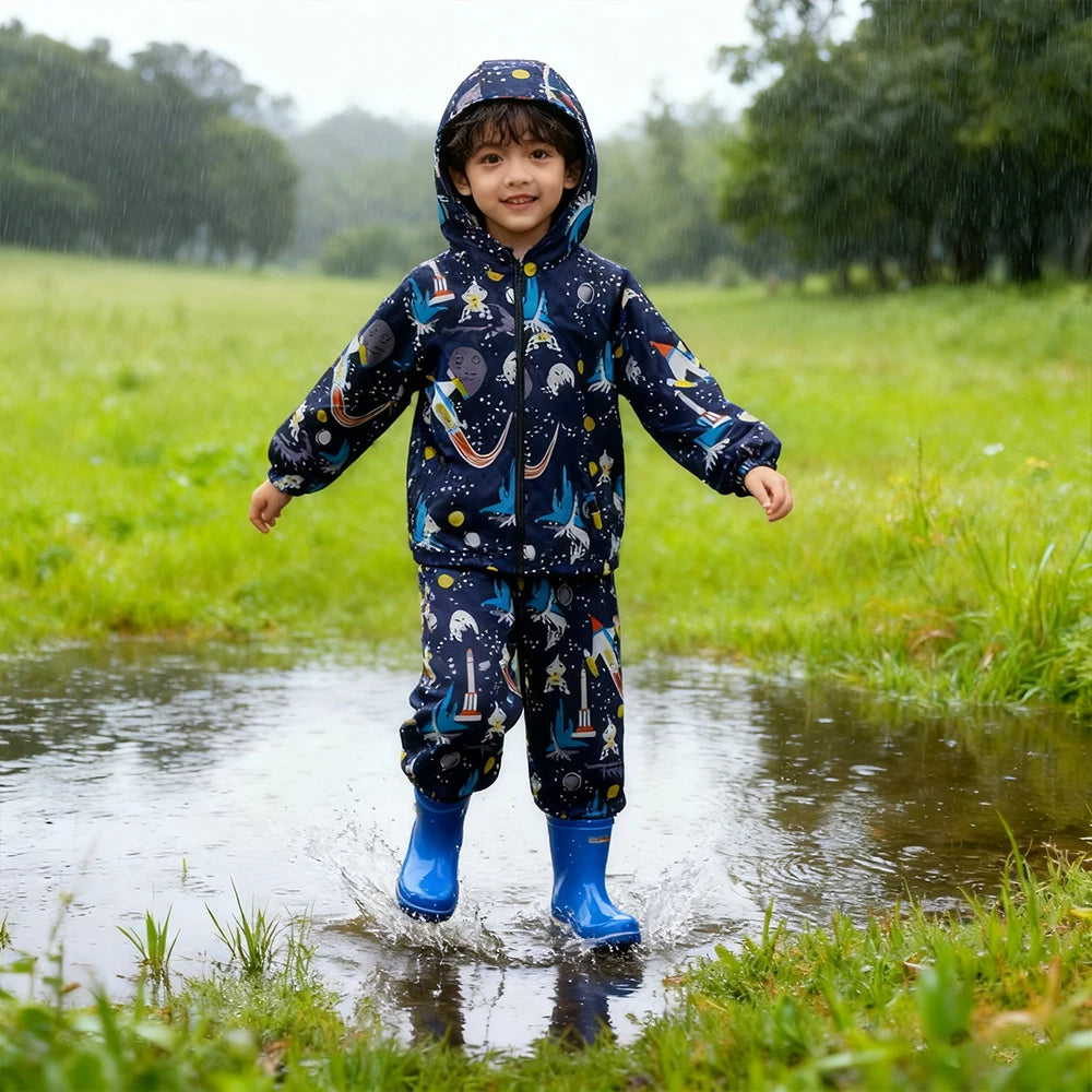 Conjunto infantil de chubasquero y pantalones impermeables con diseño de dinosaurio y unicornio