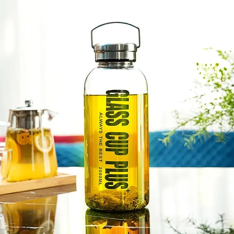 2L Glass Water Bottle with Strap | Portable Leakproof Drinkware
