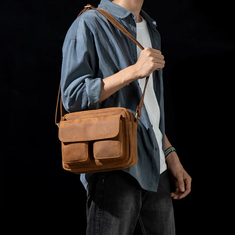 Handmade Crazy Horse Leather Crossbody Small Backpack for Men