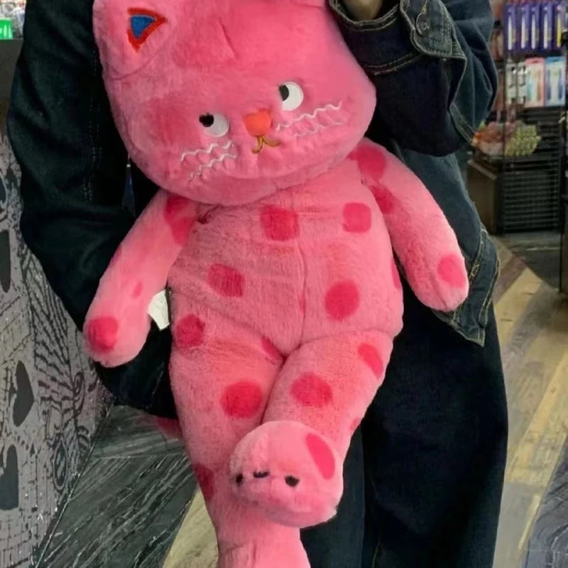 Unique Pink Polka Dot Cat Plush Toy | Soft Black Kitten Cushion