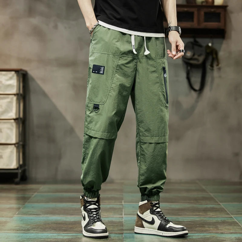 Men's High Waisted Cargo Trousers with Drawstring & Pockets