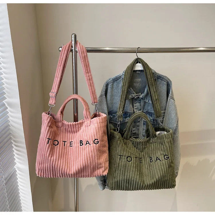 Bolso de mano de terciopelo a rayas de gran capacidad | Bolso tote elegante y versátil