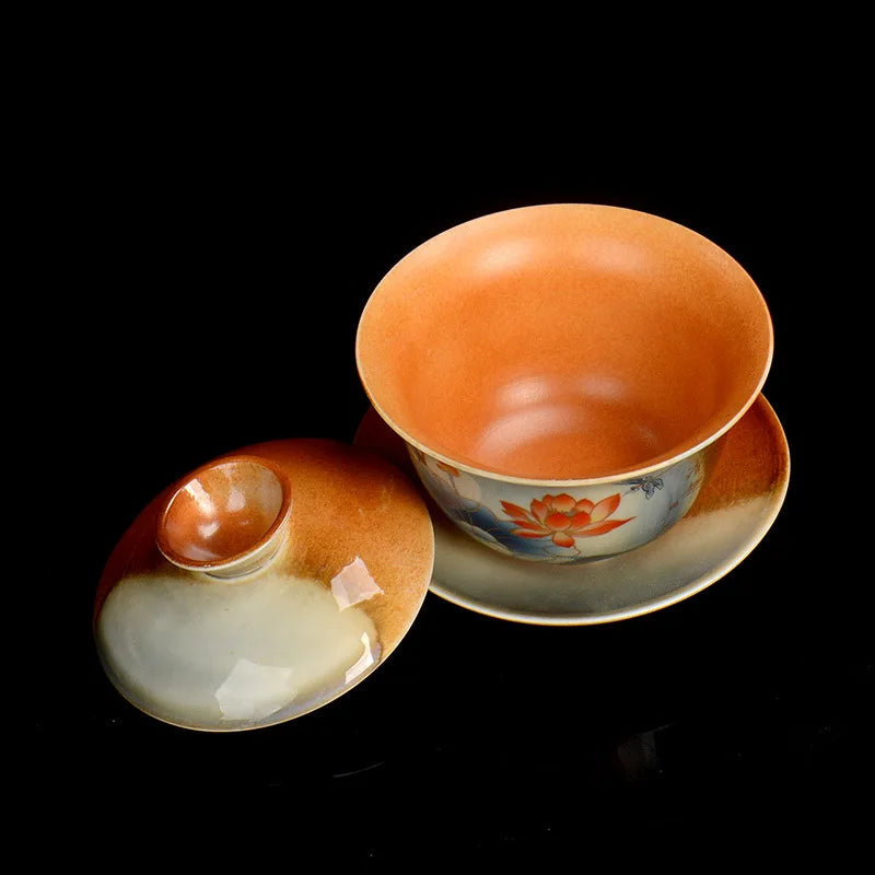 Hand Painted Lotus Gaiwan Tea Tureen | Vintage Ceramic Teacups