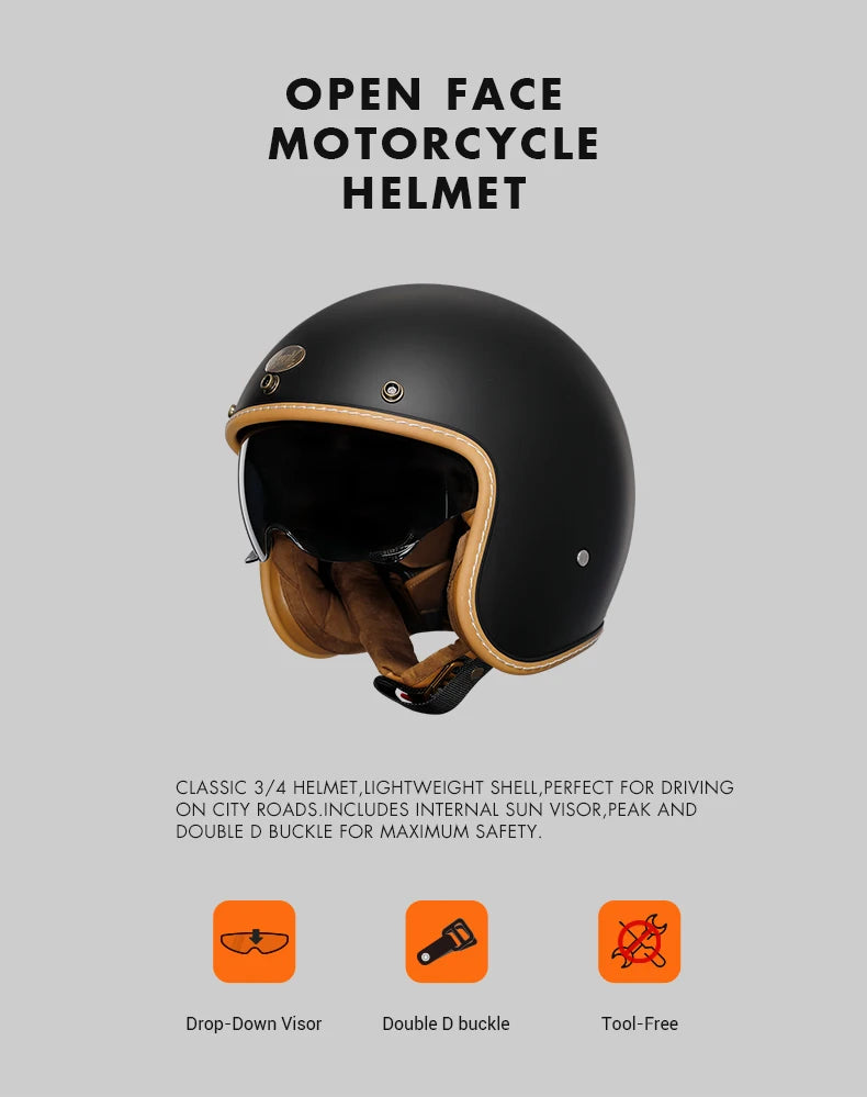 Lightweight Retro Open Face Motorcycle Helmet for Men & Women