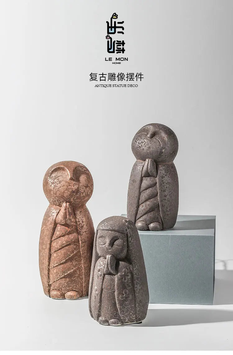 Zen Monk Goddess Ceramic Statue Set | Vintage Asian Decor