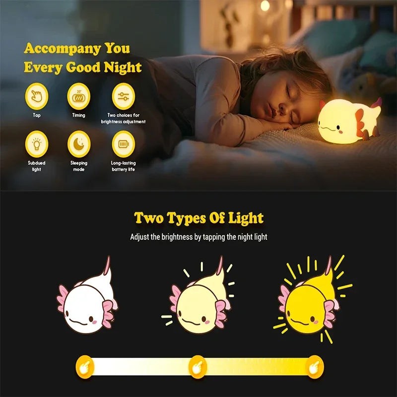 Cute Axolotl Silicone Night Light | Touch Control Nursery Lamp