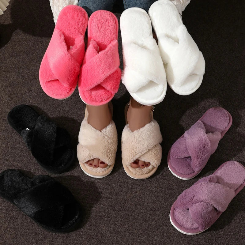 Women's Cross Band Fluffy Plush Slippers | Cozy Indoor House Shoes