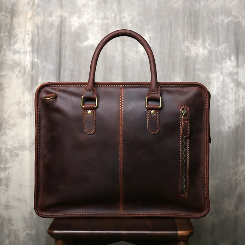 Handmade Genuine Leather Briefcase | Retro Large Capacity Laptop Bag