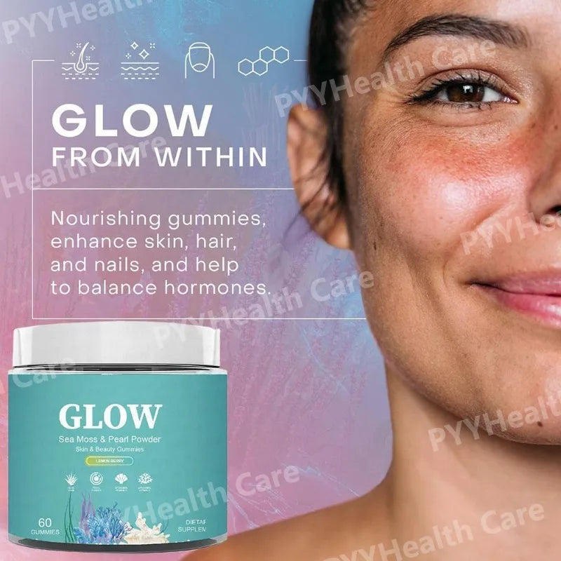 Sea Moss Glow Gummies with Vitamin C & E Moss & Pearl Powder Daily Nutritional Supplement Lemon Berry Flavor, 60 Gummies