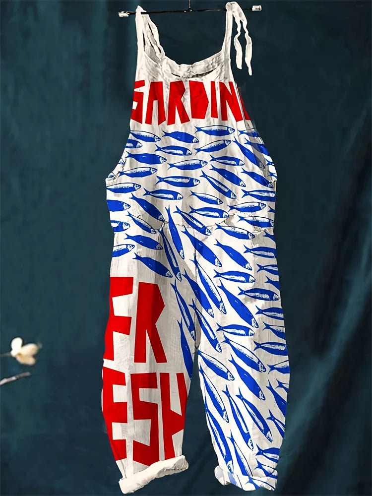 Stylish Women's Fish Print Suspender Jumpsuit for Summer Fun