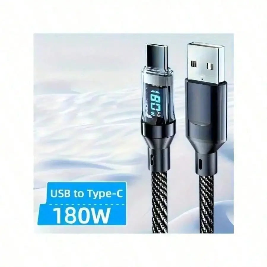 180W ultra fast charging USB A to Type-C cable with LED digital display, matte surface, data synchronization,