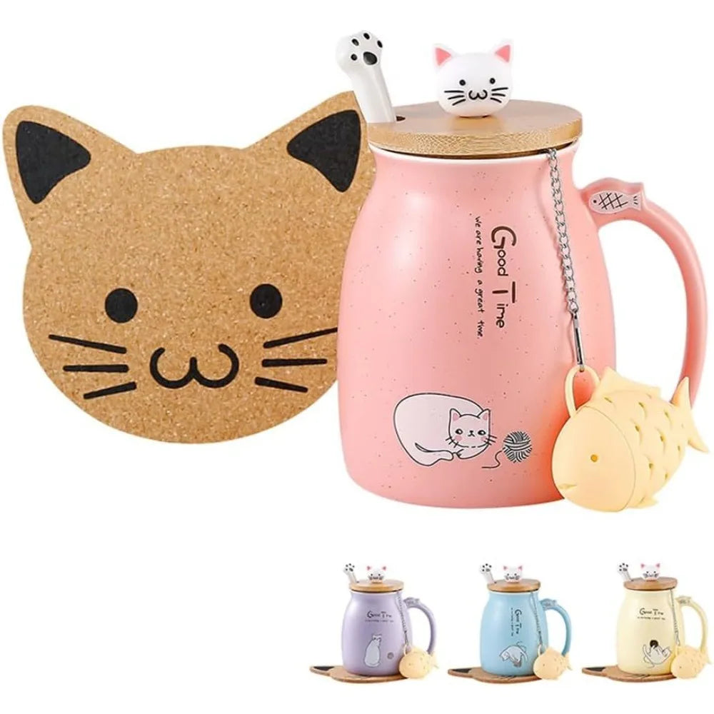 Cute Cat Water Cup | Adorable Ceramic Mug with Lid & Spoon