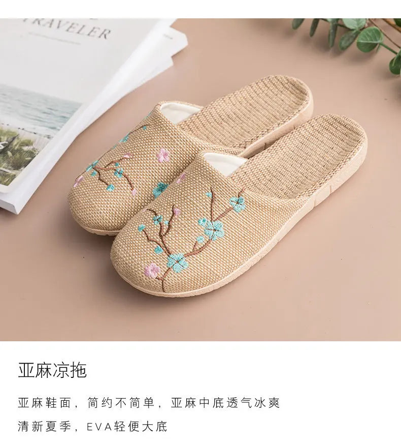 Cozy Indoor Embroidered Linen Slippers for Couples