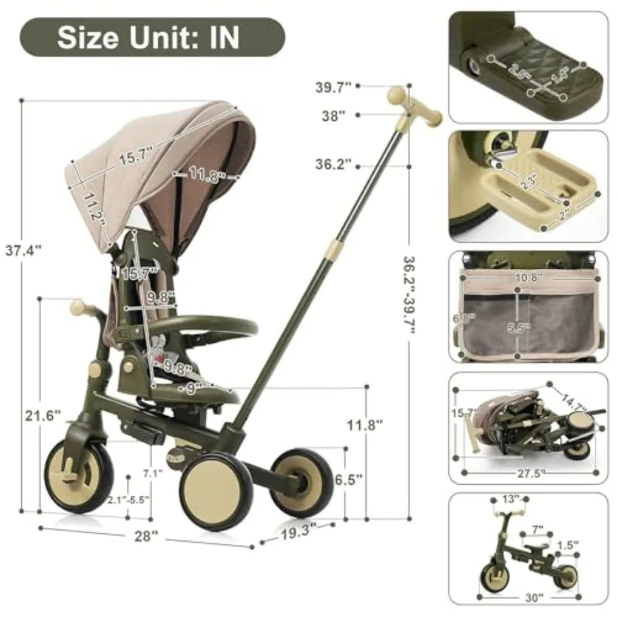 7-in-1 Foldable Toddler Tricycle | Adjustable Handle, Removable Pedals